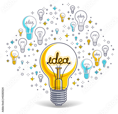 Shining light bulb and set of lightbulb icons, ideas creative concept, brainstorm allegory, vector illustration.