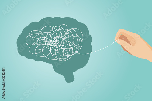 The concept of psychotherapy . The brain is confused. Mental health problems. The hand unravels the tangled tangle. Blue gradient background. Vector illustration for a psychologist's blog or social me