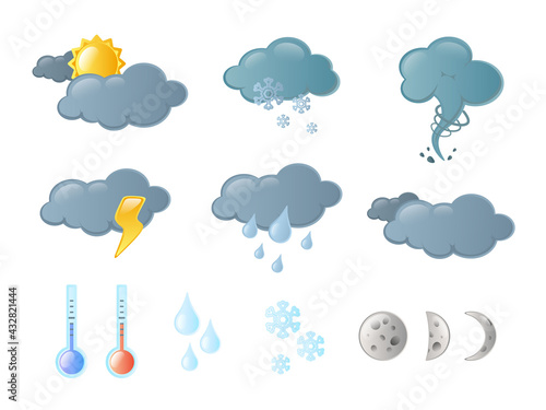 Weather Icons set. Contains icons of the sun, clouds, snowflakes, wind, rain, temperature and more.