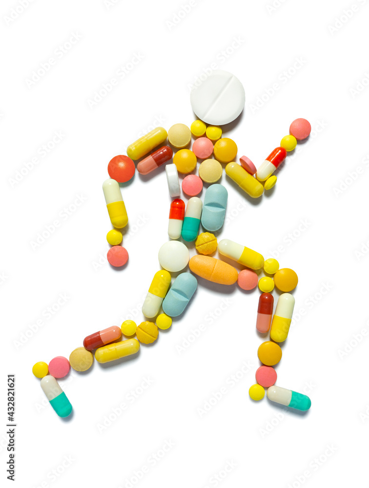 Naklejka premium Creative medicine health sport concept photo of man person made of pills drugs bodybuilder runner sportsman steroids doping.