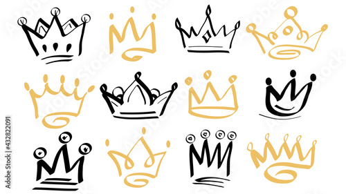 Doodle crowns. Line art king or queen crown sketch, fellow crowned heads tiara, beautiful diadem. Sketch crown. photo