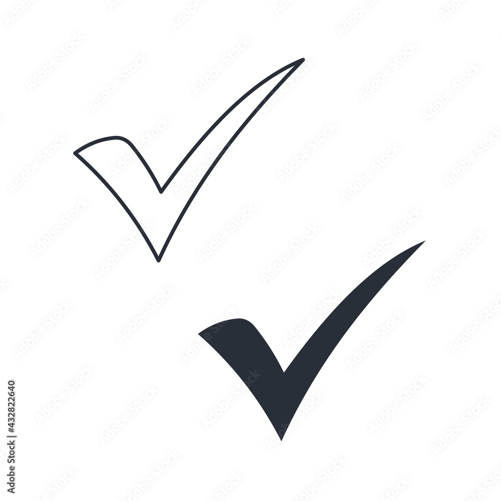 Check mark. Solid line. Vector icon isolated on white background. Check mark. Solid line. Vector icon isolated on white background.