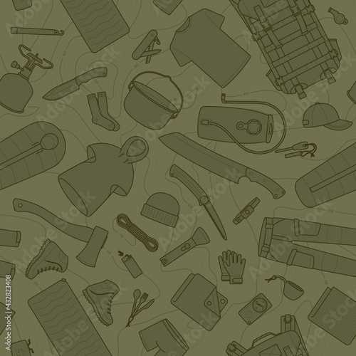 Vector seamless pattern with icons of bushcraft (survival) equipment. Green background with topographic map with contour line (Izoline).