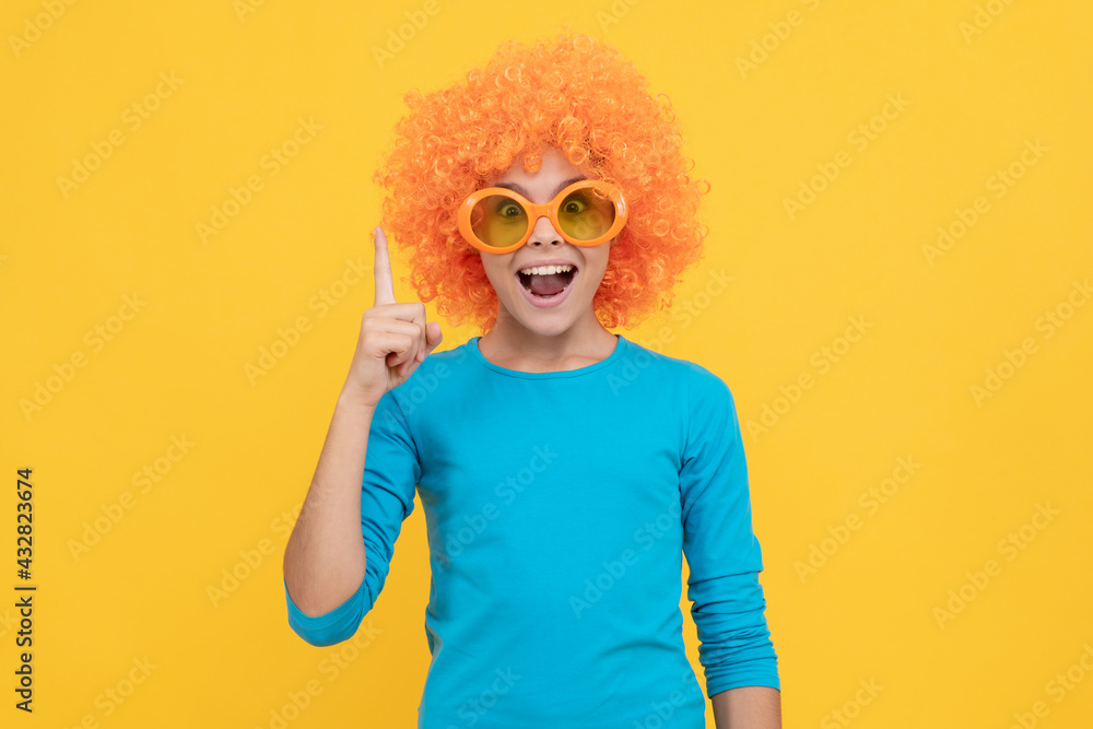 inspired with idea. girl birthday party. happy funny kid in curly wig. time to have fun. inspired with idea. girl birthday party. happy funny kid in curly wig. time to have fun.