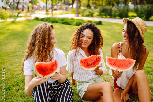 Three young woman relaxing on the grass and eating watermelon.  People, lifestyle, travel, nature and vacations concept. © maxbelchenko