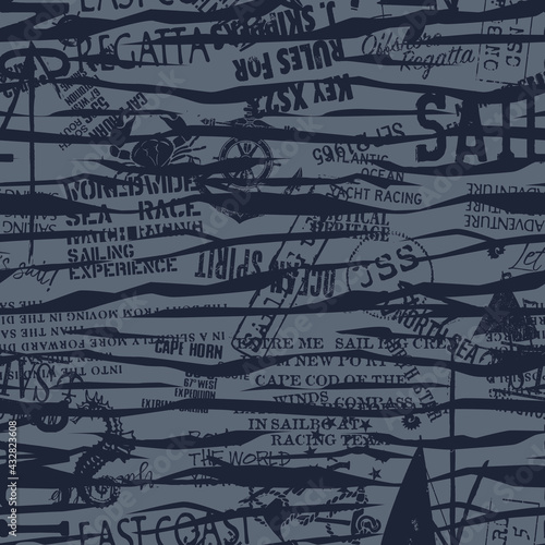 Grunge striped nautical marine sailing elements wallpaper abstract vector seamless pattern
