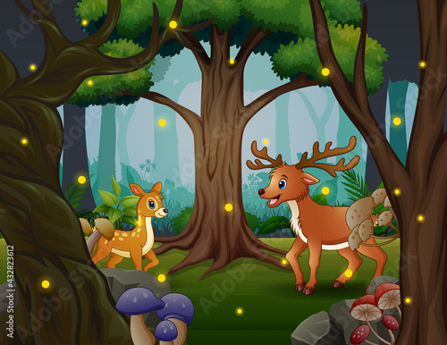 Fototapeta Naklejka Na Ścianę i Meble -  Cartoon two deers living in the jungle