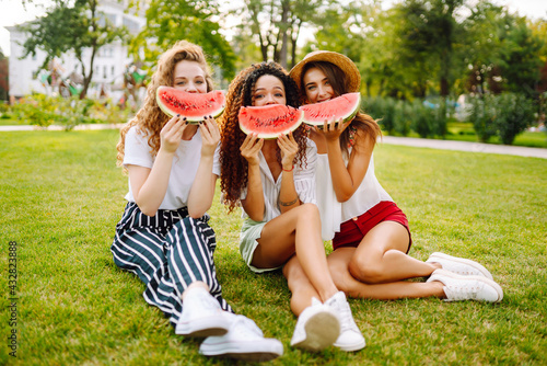 Three young woman relaxing on the grass and eating watermelon.  People, lifestyle, travel, nature and vacations concept. © maxbelchenko