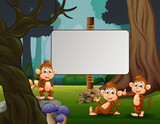 Cartoon three of monkeys enjoying in the park