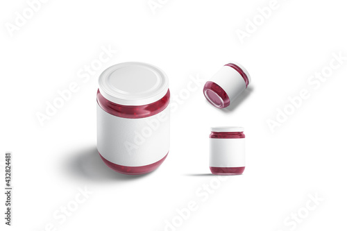 Blank glass jar with berry jam mockup, diferent views photo