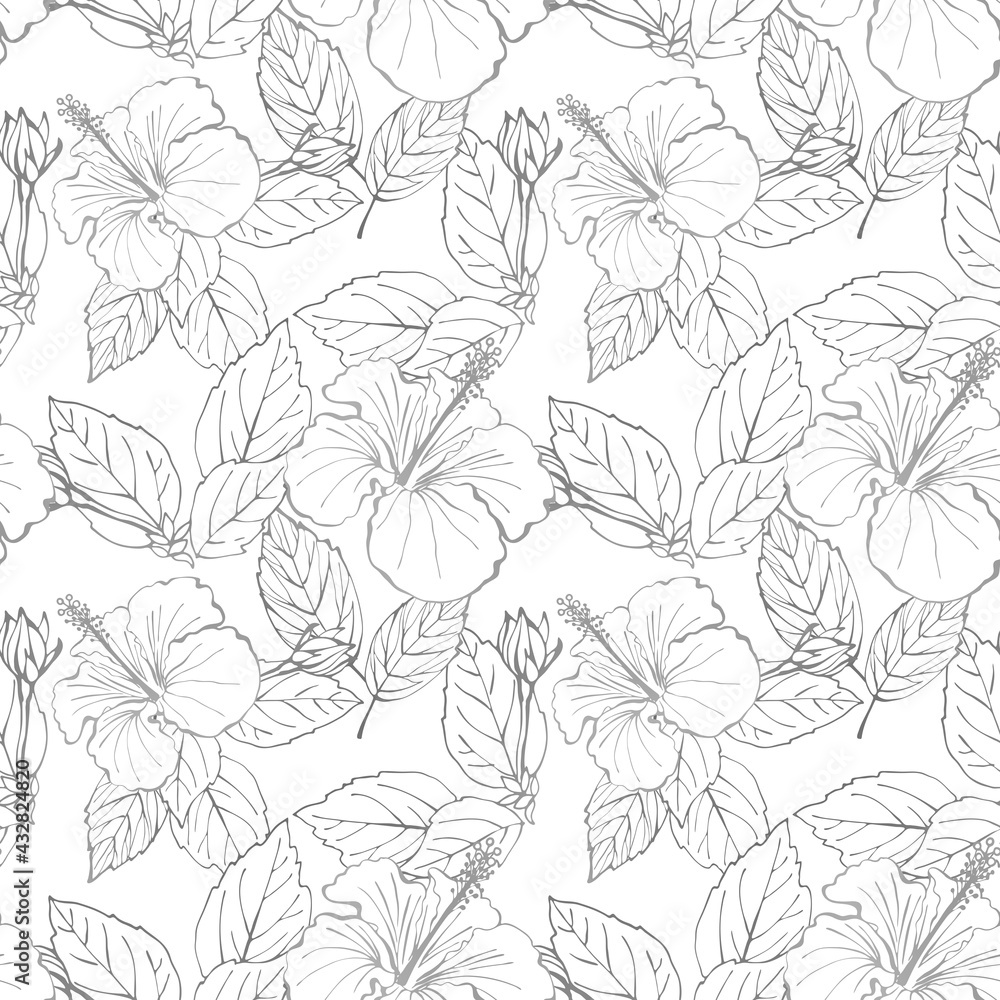 Hibiscus flower seamless pattern. Hand drawn sketch style. Line art. Mallow Chinese Rose. Herbal tea. Hawaii. Tropical background for paper, textile, wrapping and wallpaper.