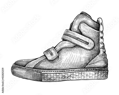 Hand drawn sketch of one boot isolated on a white background. Concept of comfort shoes in modern casual style. Side view. Vector illustration photo