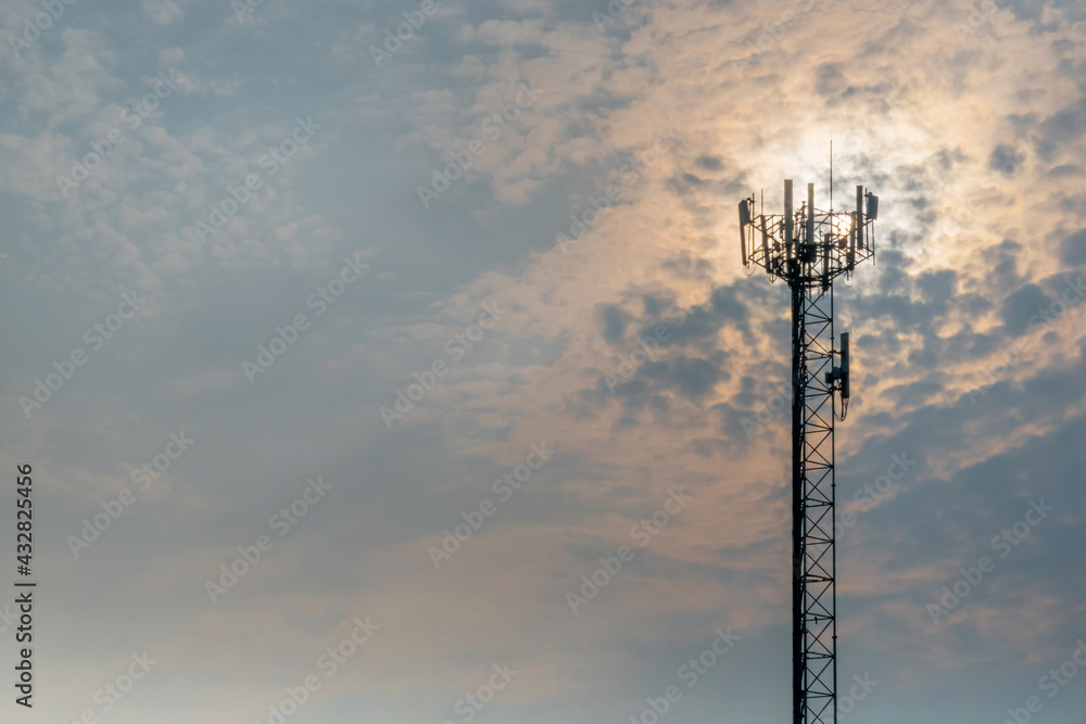 Technology on the top of the telecommunication GSM (5G,4G,3G) tower.Cellular phone antennas on a building roof.Telecommunication mast television antennas.Receiving and transmitting stations