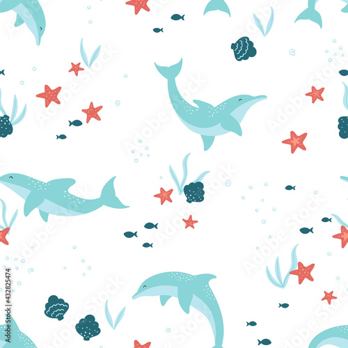 Cute dolphin seamless pattern  lovely hand drawn summer background. Great for summer textiles  banners  wallpapers  wrapping - vector design