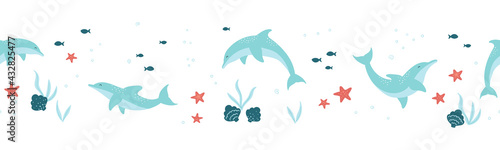 Cute dolphin seamless pattern, lovely hand drawn summer background. Great for summer textiles, banners, wallpapers, wrapping - vector design