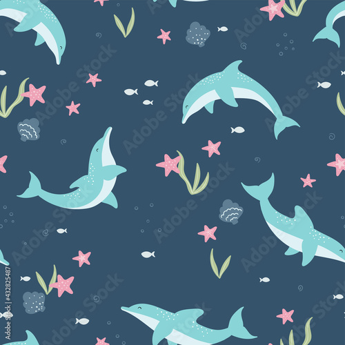 Cute dolphin seamless pattern, lovely hand drawn summer background. Great for summer textiles, banners, wallpapers, wrapping - vector design