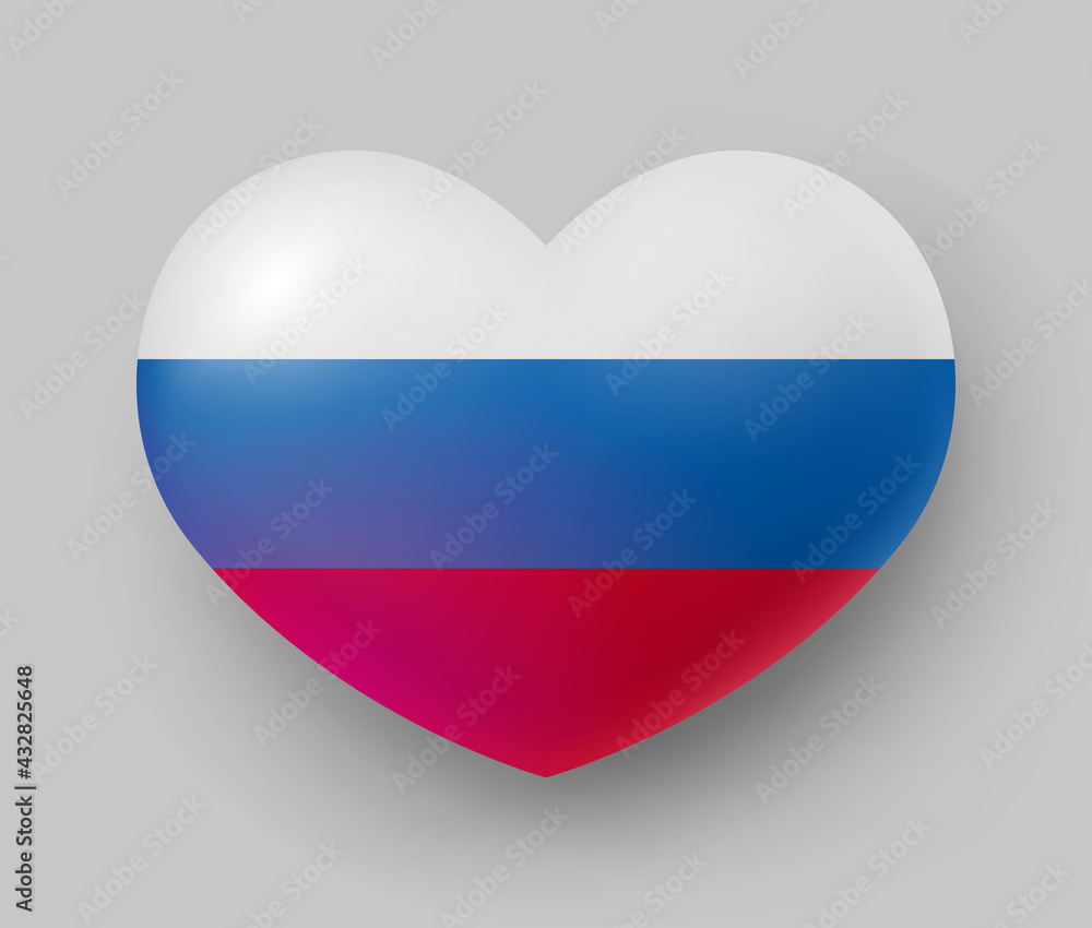Fototapeta premium Heart shaped glossy national flag of Russia. European country national flag button, Russian symbol in patriotic colors realistic vector illustration on gray background