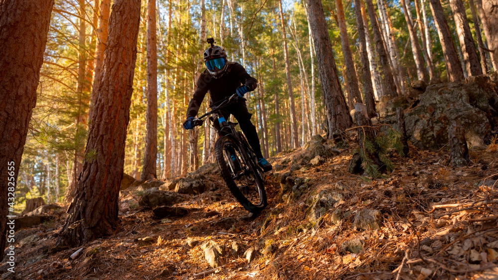 A man on a bicycle through the forest from a mountain on a bright sunny day. The guy rides through the trees. Cyclists riding a mountain electric bicycle steep uphill in harsh rocky terrain