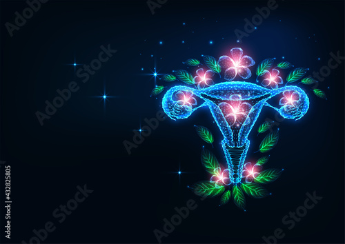 Futuristic fertility and reproductive system health care concept with glowing uterus and flowers