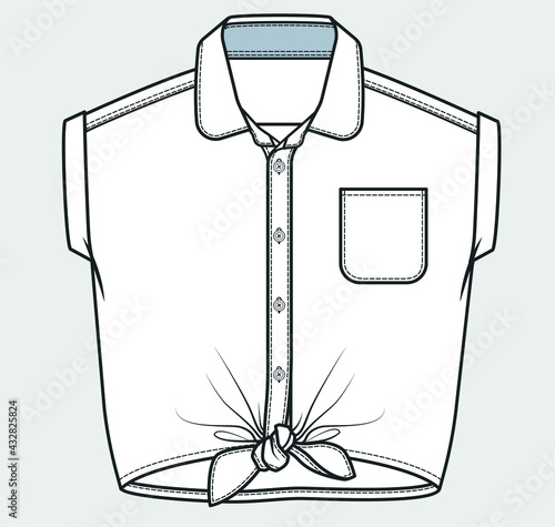 Flat sketch of knot detailed shirt. Technical drawing of fashion shirt for girls. VECTOR SHIRT