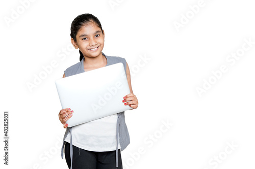 indian girl holds laptop