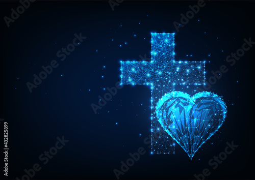 Futuristic christianity concept with glowing low polygonal heart and cross on dark blue