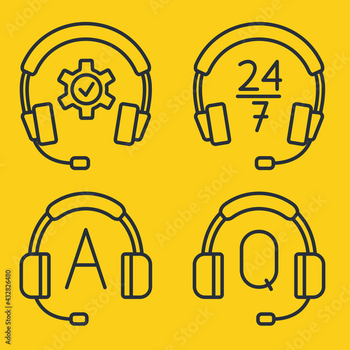 Hotline support service with headphones. Concept of consultation, telemarketing, assistance, call center, virtual help service. Help and Support hotline buttons. Headset icons. Editable stroke