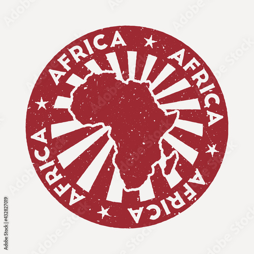 Africa stamp. Travel red rubber stamp with the map of the continent, vector illustration. Can be used as insignia, logotype, label, sticker or badge of Africa.
