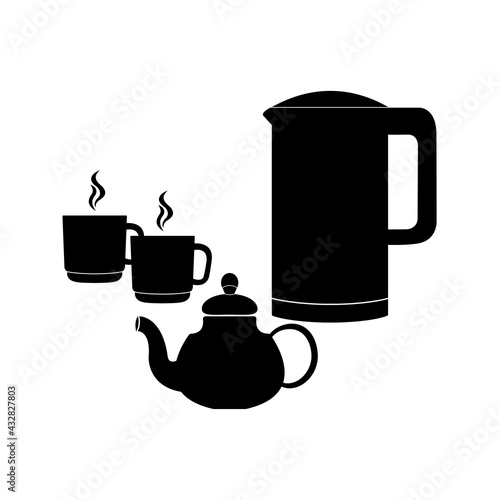 Teapot teapot two cups of hot coffee. Vector image.