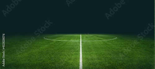 Fotografie, Obraz textured soccer game field with neon fog - center, midfield