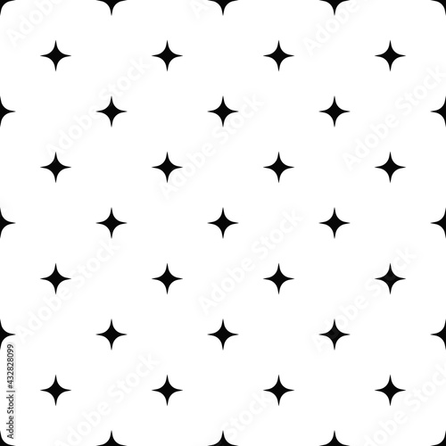 Four rays simple star pattern. Seamless stars wallpaper. Black and white colors in vector.