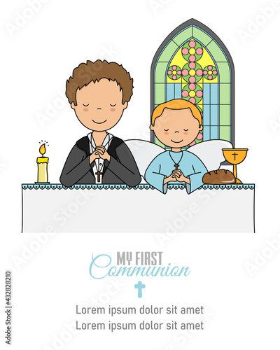  My first communion card. Boy and angel praying in church