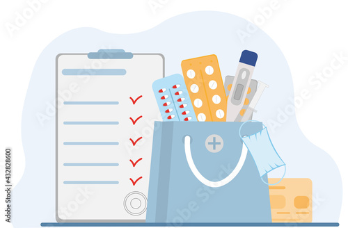 Medical pills or tablets in shopping basket, medical prescription, medical and healthcare concept, flat vector illustration