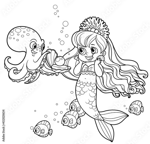 Cartoon gallant octopus gives the mermaid princess a pearl in the shell outlined for coloring page isolated on white background