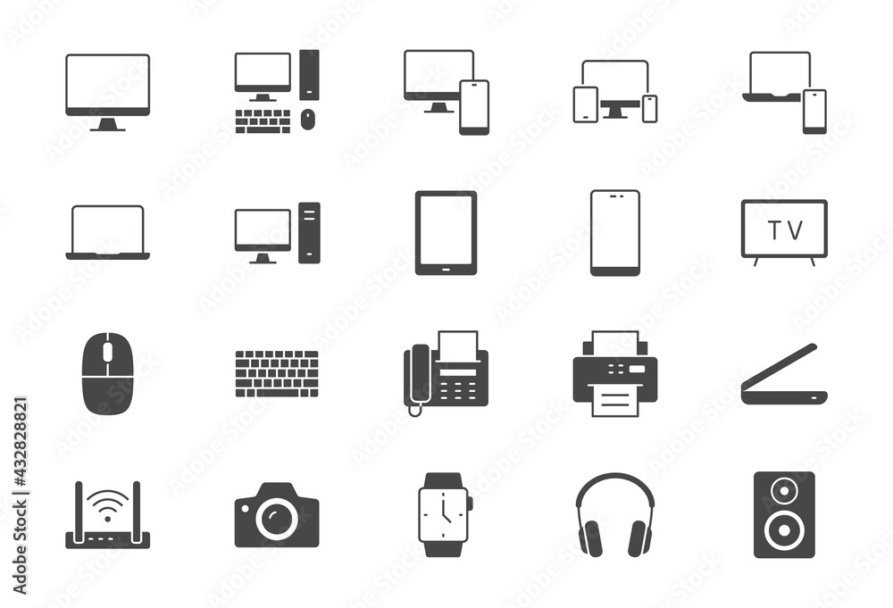 Technology glyph flat icons. Vector illustration include icon - computer, monitor, laptop, cellphone, router, fax, scanner, silhouette pictogram for electronic equipment