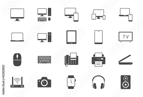 Technology glyph flat icons. Vector illustration include icon - computer, monitor, laptop, cellphone, router, fax, scanner, silhouette pictogram for electronic equipment