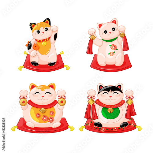 Japanese collection of Maneki Neko cats in the kartun style. Traditional White Happy Cat Doll with Gold Coins, Fish, Japanese collection of Maneki Neko cats in the kartun style. Traditional White