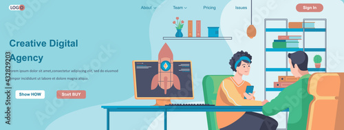 Creative Digital Agency web banner concept. Teamwork in office, business promotion with online advertising company landing page template. Vector illustration with people characters in flat design