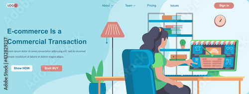 E-commerce Is a Commercial Transactions web banner concept. Woman makes purchase at store website, online shopping landing page template. Vector illustration with people characters in flat design