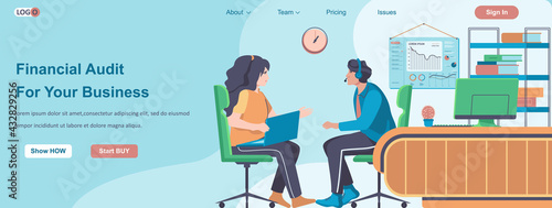 Financial Audit For Your Business web banner concept. Employees analyze business analytics, reports, profit charts landing page template. Vector illustration with people characters in flat design