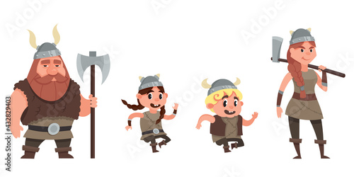 Viking family having fun. Characters in cartoon style.