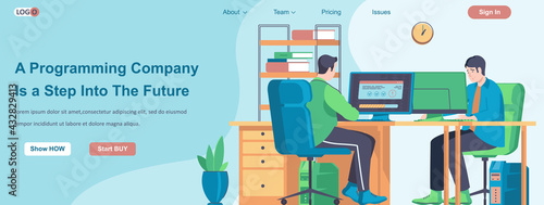 Programming Company Is a Step Into The Future web banner concept. Programmers develop software, work on computers landing page template. Vector illustration with people characters in flat design