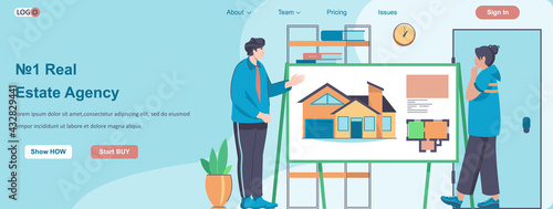 Real Estate Agency web banner concept. Realtor advises client, shows presentation with drawings of future home to buyer landing page template. Vector illustration with people characters in flat design