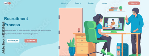 Recruitment Process web banner concept. HR manager looks resume of candidates for open vacancy, human resources landing page template. Vector illustration with people characters in flat design