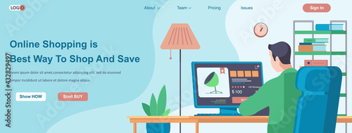 Online Shopping Is Best Way To Shop and Save web banner concept. Man makes purchase at store website, pays online landing page template. Vector illustration with people characters in flat design