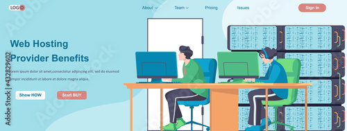 Web Hosting Providers Benefits banner concept. Online administrators team working in computer web data center server landing page template. Vector illustration with people characters in flat design