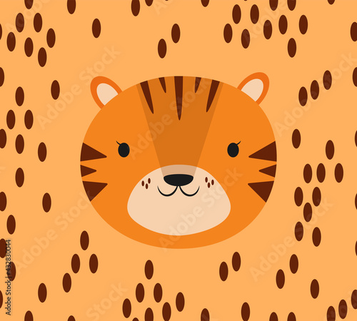 Cute seamless pattern with baby tiger face portrait in simple flat style on beige background. Sweet childish backdrop with mammal animal - tiger cub and dots. Vector illustration.