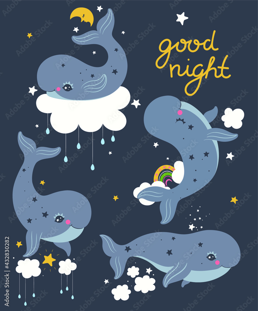Set of cute whales in the sky. Vector graphics. Set of cute whales in the sky. Vector graphics.