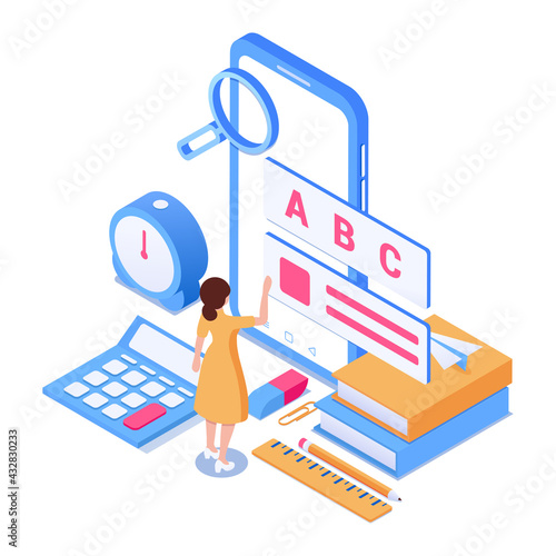 Online sefl-education concept. Remote learning using a smartphone. Vector illustration in isometric style. Isolated on white background.