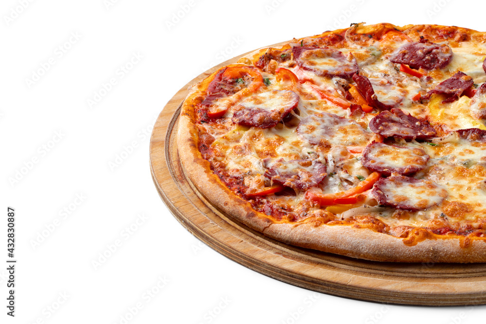Fresh pizza on wooden board isolated on white Fresh pizza on wooden board isolated on white